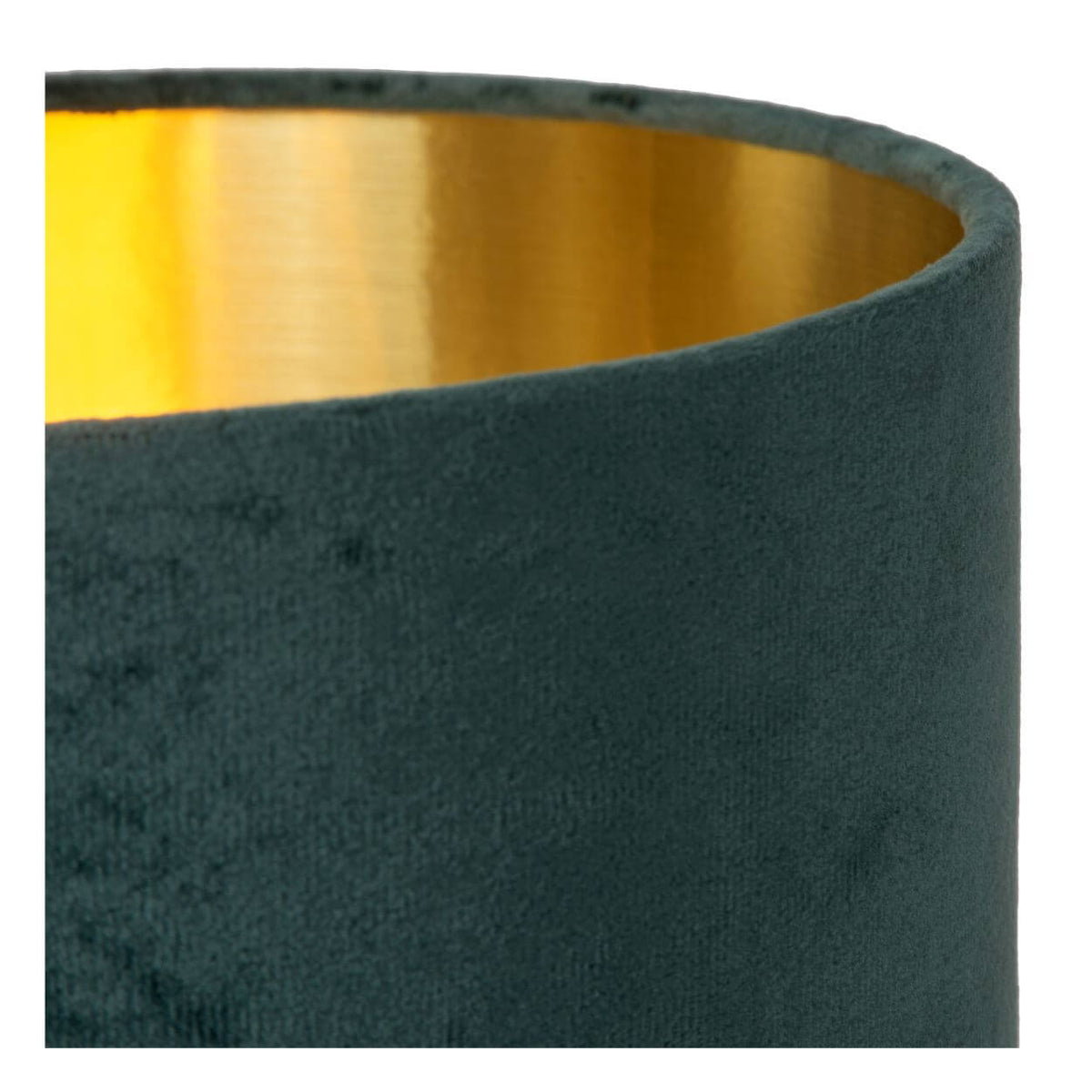 Détail de l'intérieur doré métallisé de l'abat-jour et de la texture velours verte