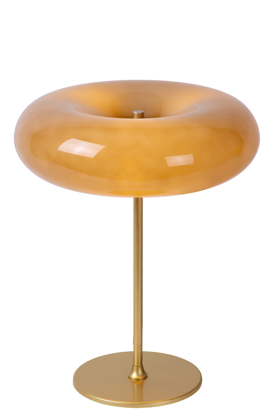 Vue de trois quarts du luminaire, abat-jour en verre brillant et socle laiton