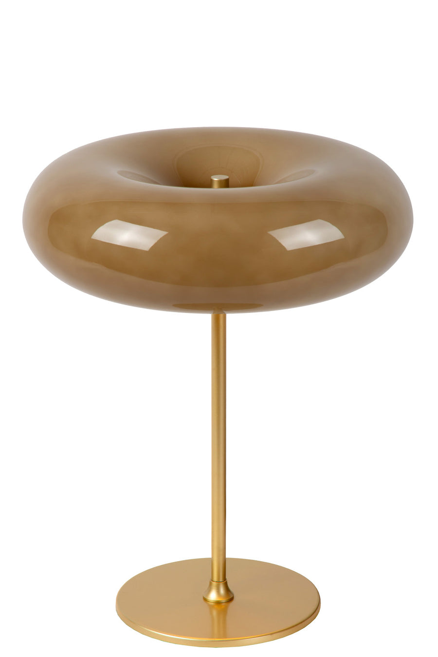 Profil de la lampe taupe, silhouette annulaire posée sur tige et base dorées