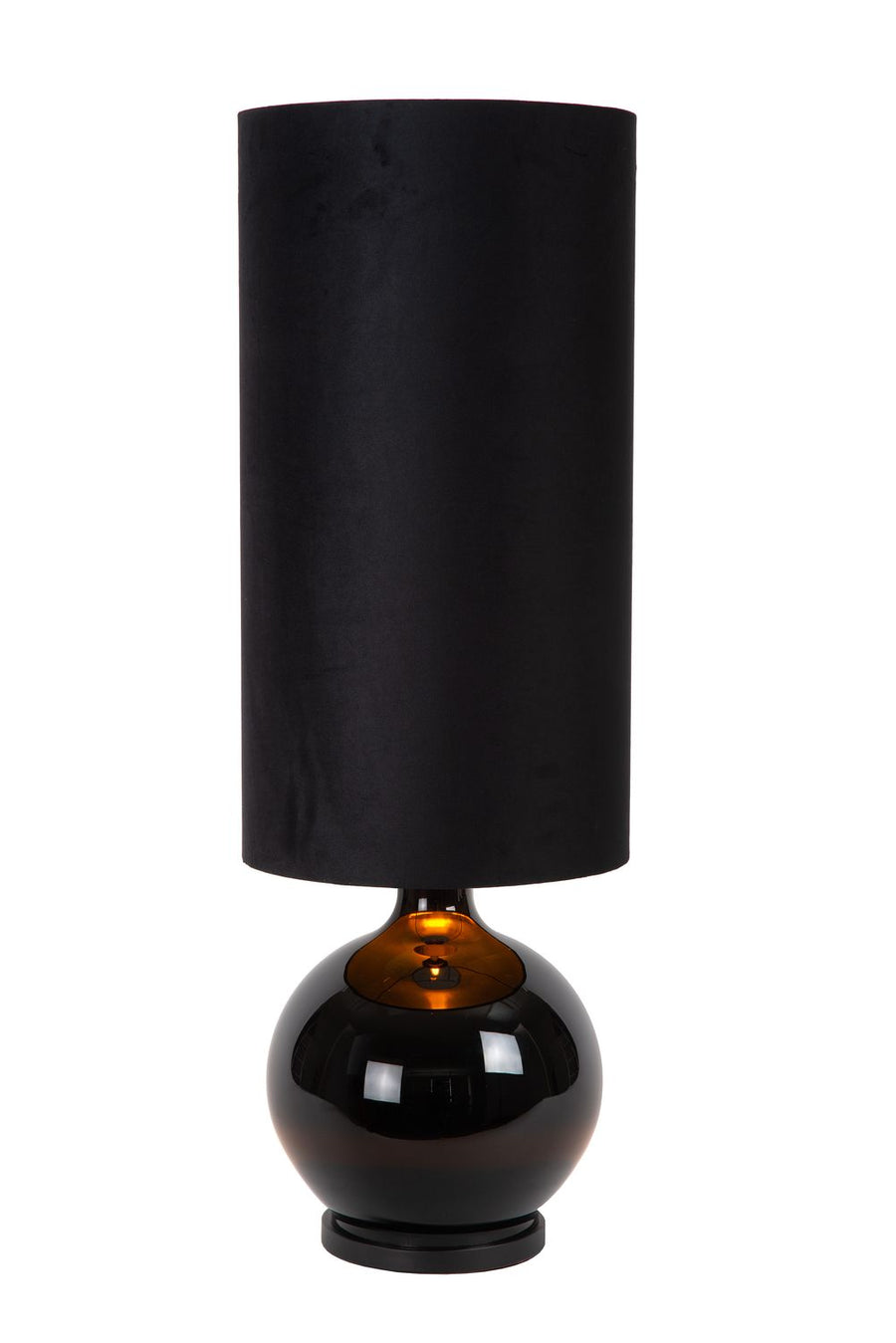 Vue de trois quarts du luminaire, mettant en valeur la sphère en verre noir laqué