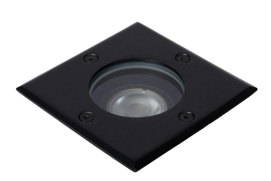 Luminaire éteint, face supérieure carrée et verre transparent.