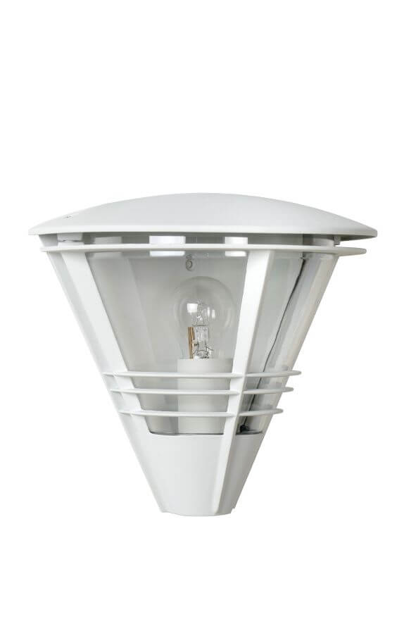 Produit de face sur fond blanc, luminaire conique blanc éteint à verre transparent.