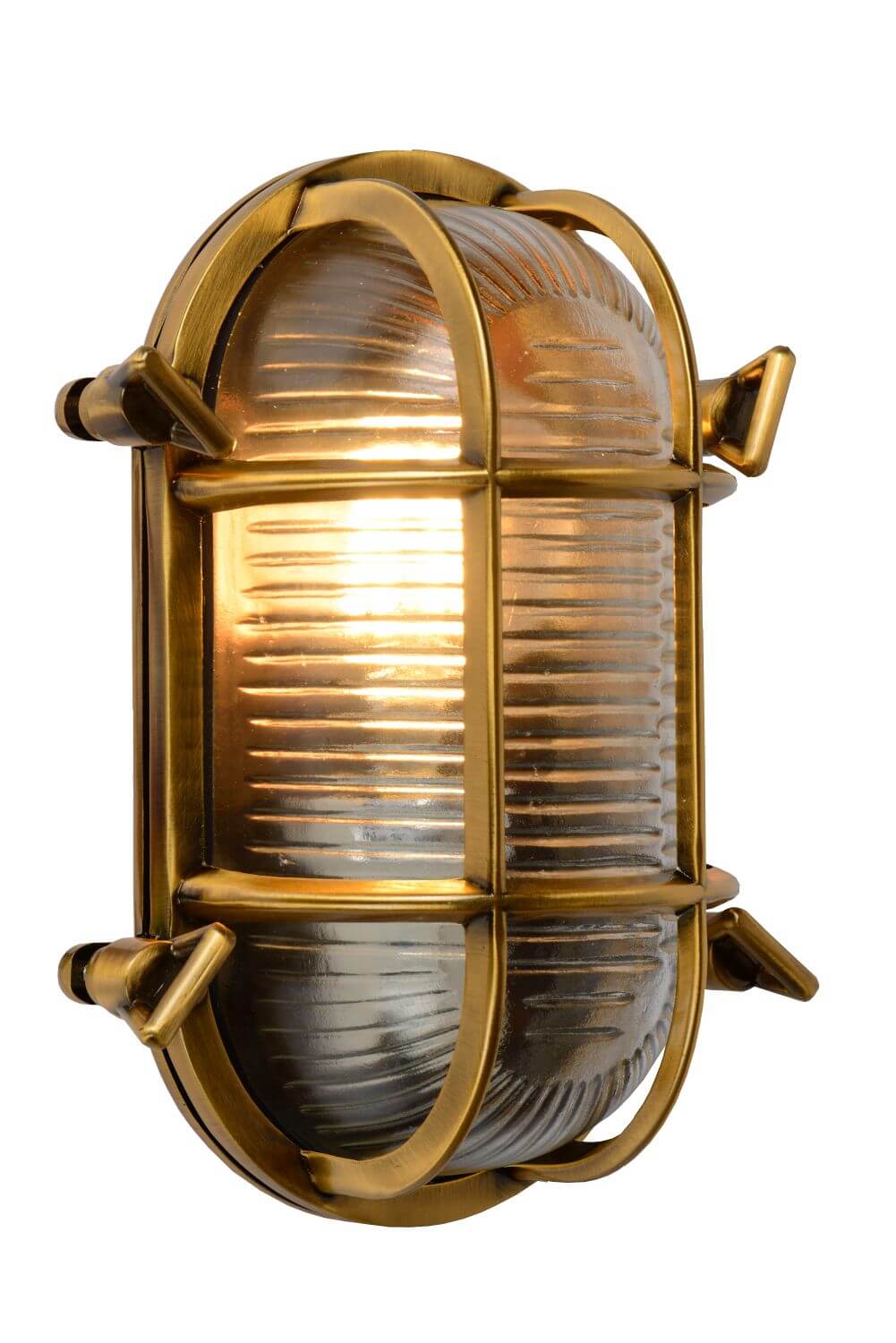 Vue de face sur fond blanc, applique dorée éteinte avec verre transparent et grille.
