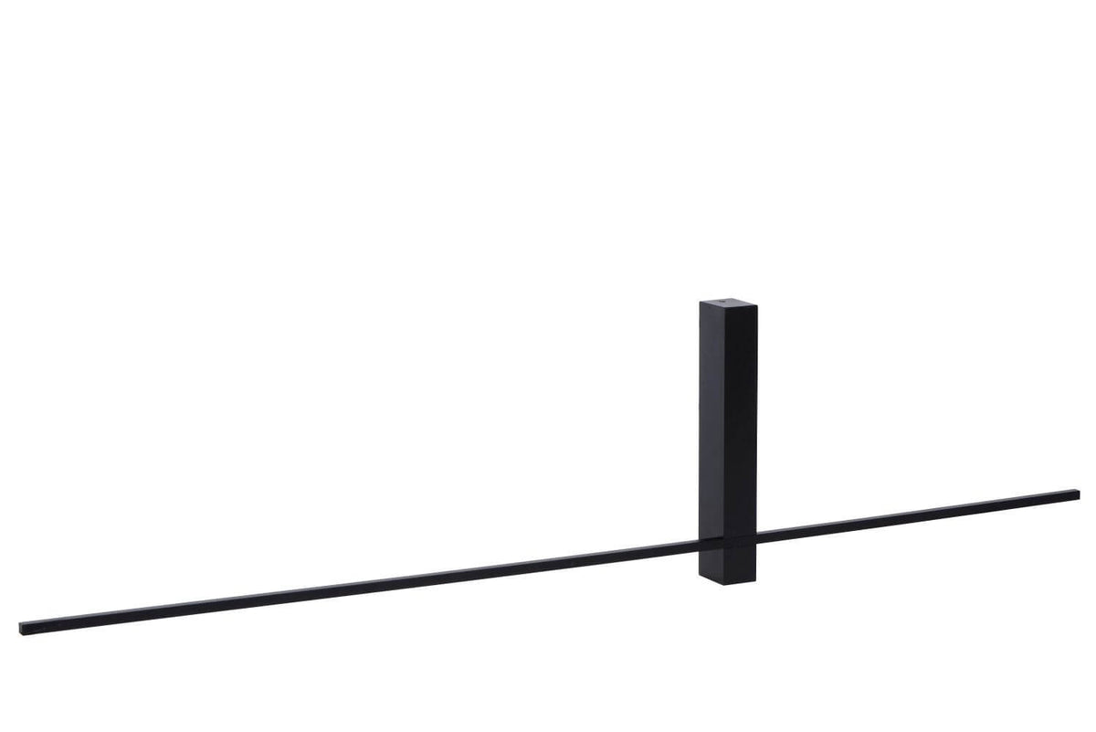 Luminaire noir présenté sur fond blanc, long tube et fixation murale centrale.