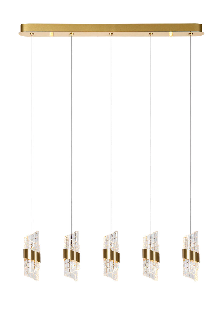 Vue de face du luminaire complet avec son support plafond rectangulaire doré.
