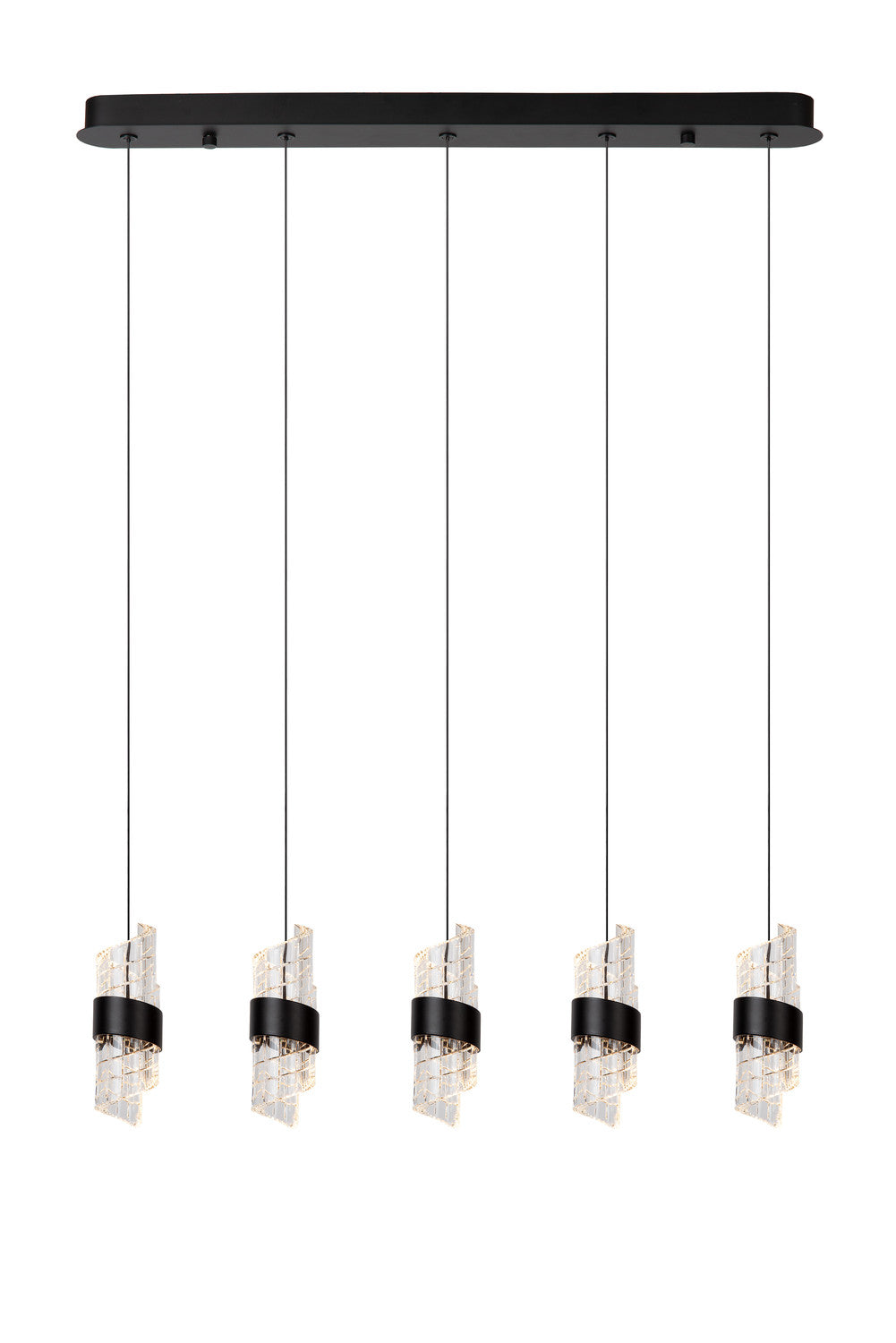 Vue de face du luminaire complet avec sa barre de fixation noire et ses cinq suspensions.