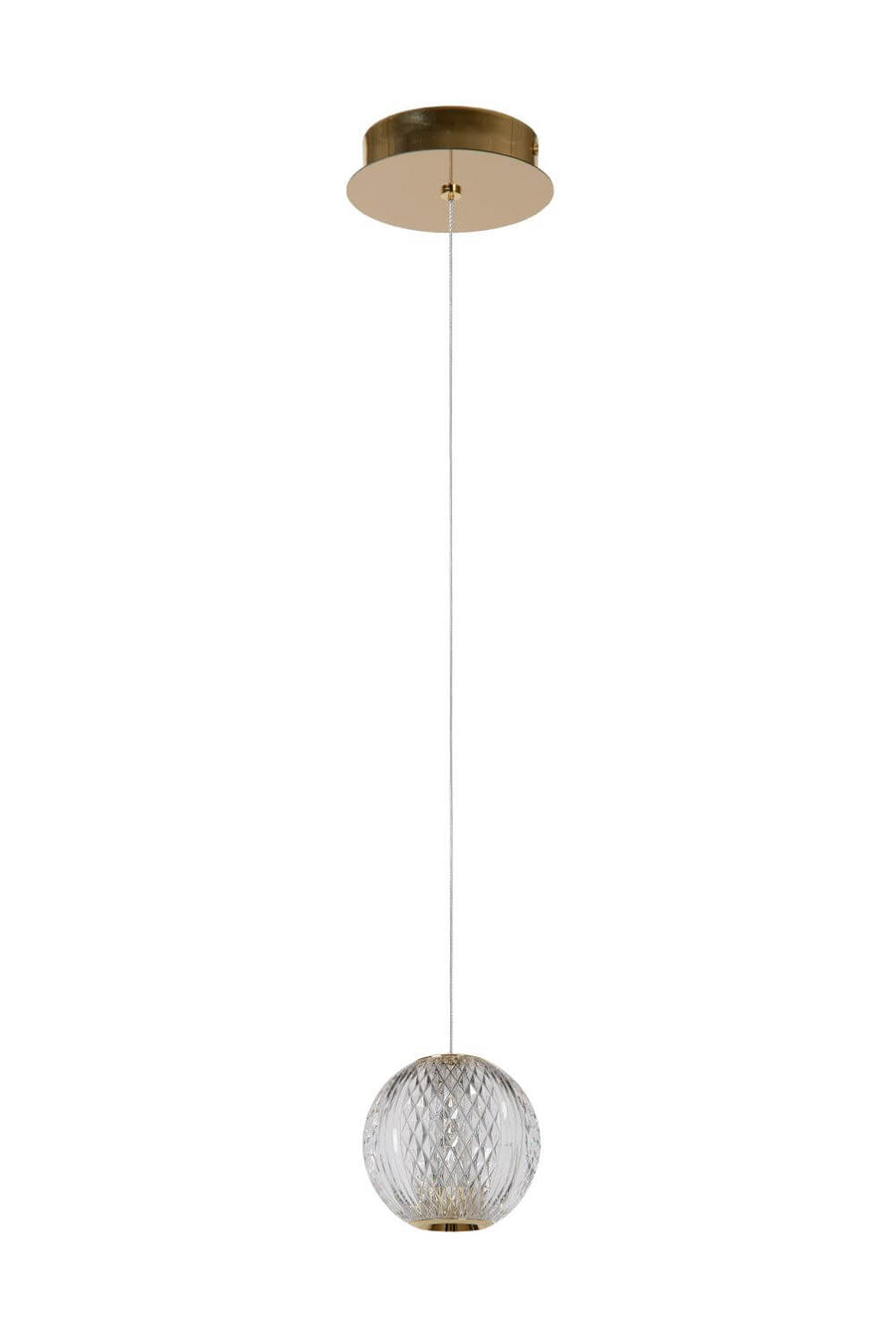 Vue en légère contre-plongée de la suspension, câble et sphère en verre transparent.