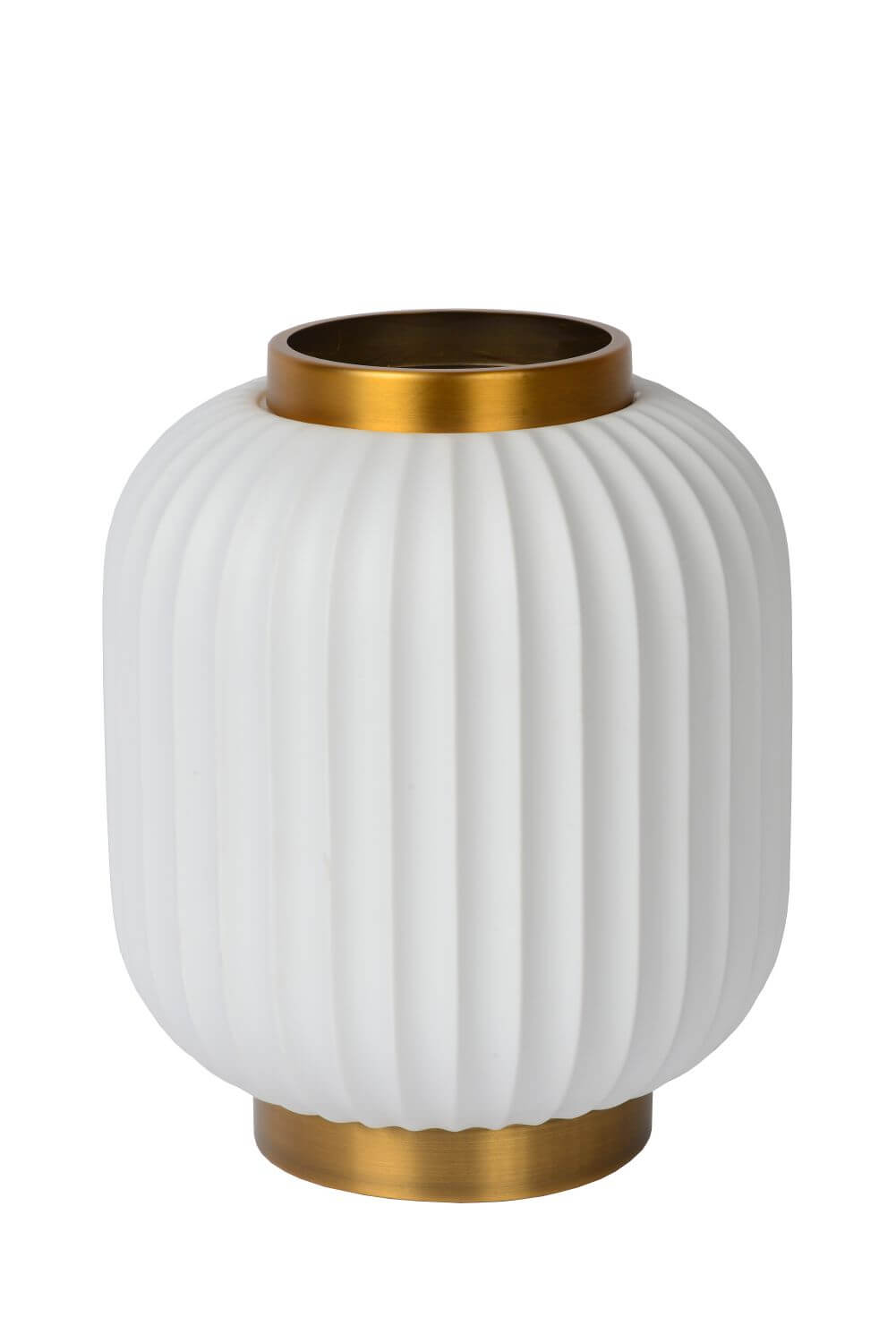 Lampe à poser en porcelaine blanche éteinte, socle et col dorés, fond blanc