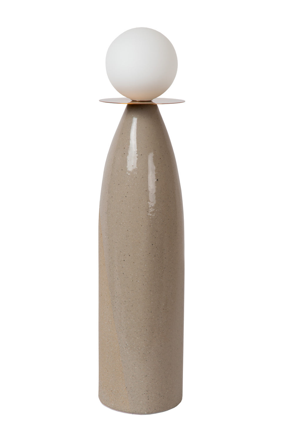 Lampe à poser grise avec sphère en verre opaque éteinte, vue d'ensemble