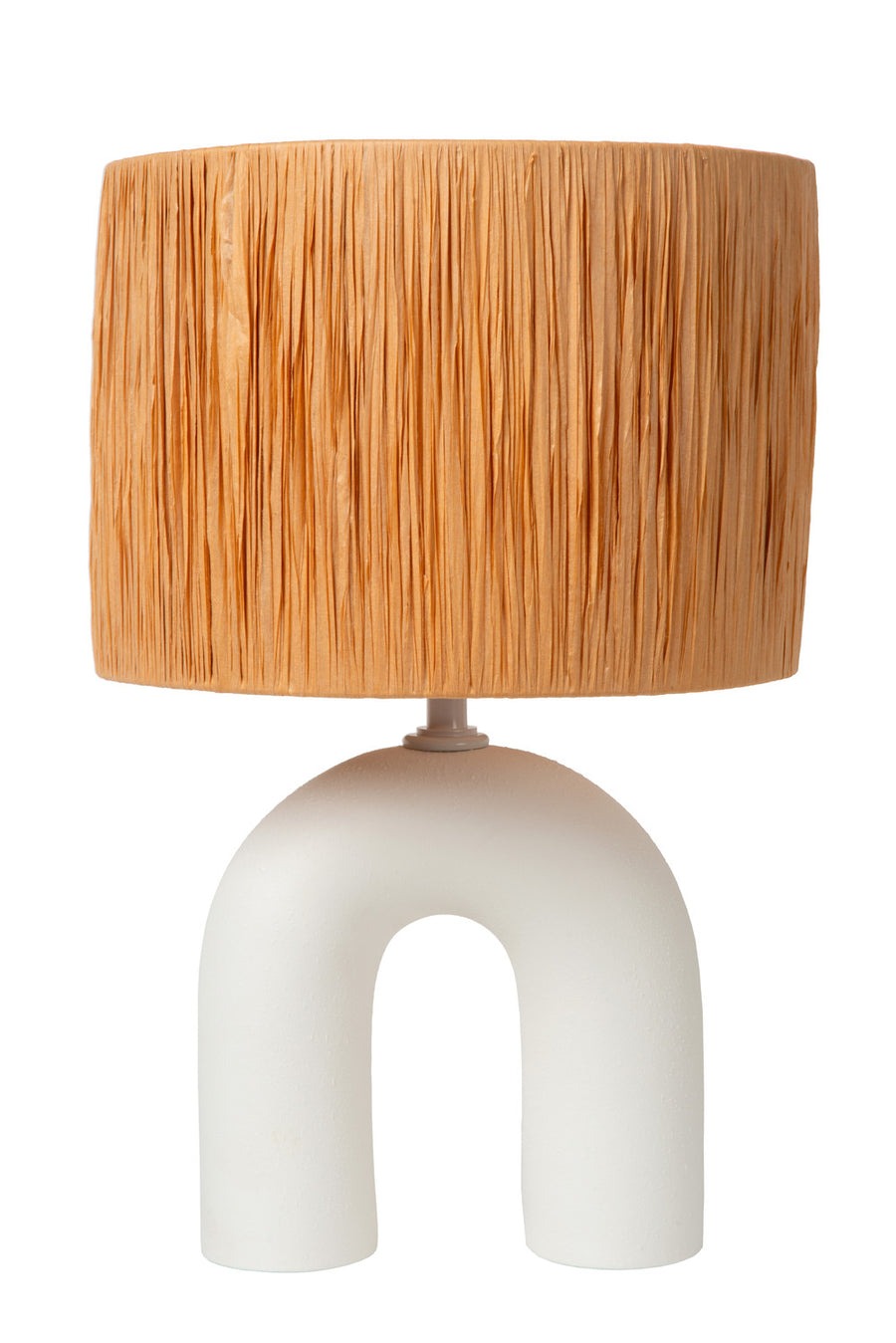 Lampe éteinte présentée de face, silhouette arquée blanche sous abat-jour clair
