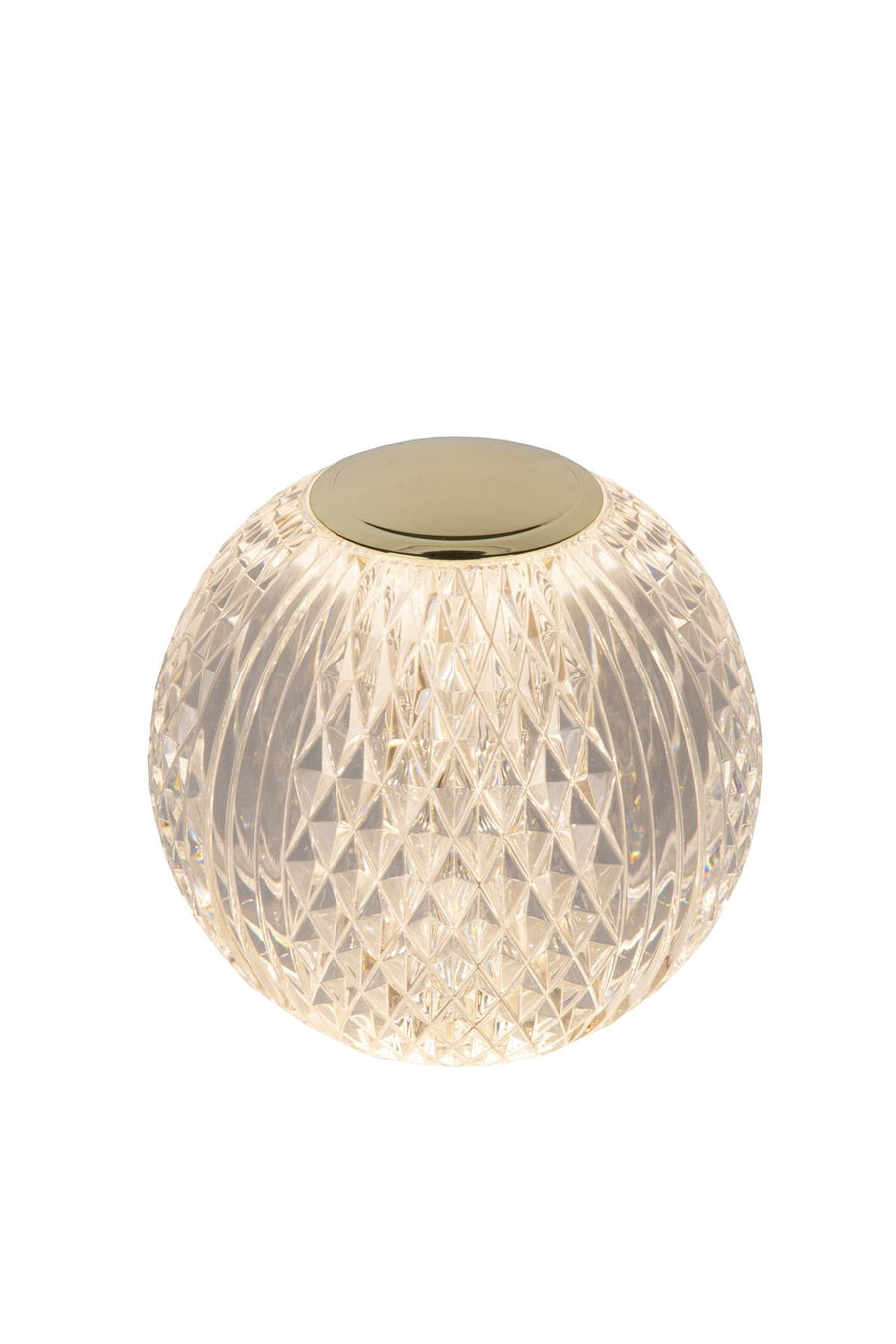 Lampe à poser sphérique en verre transparent facetté, capuchon doré, vue de face sur fond blanc.