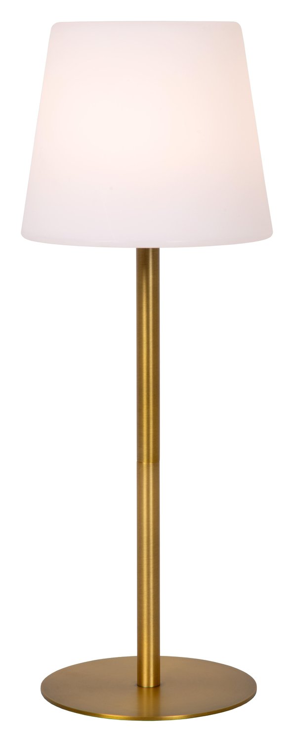 Vue de face du luminaire à poser, abat-jour opalin et pied doré
