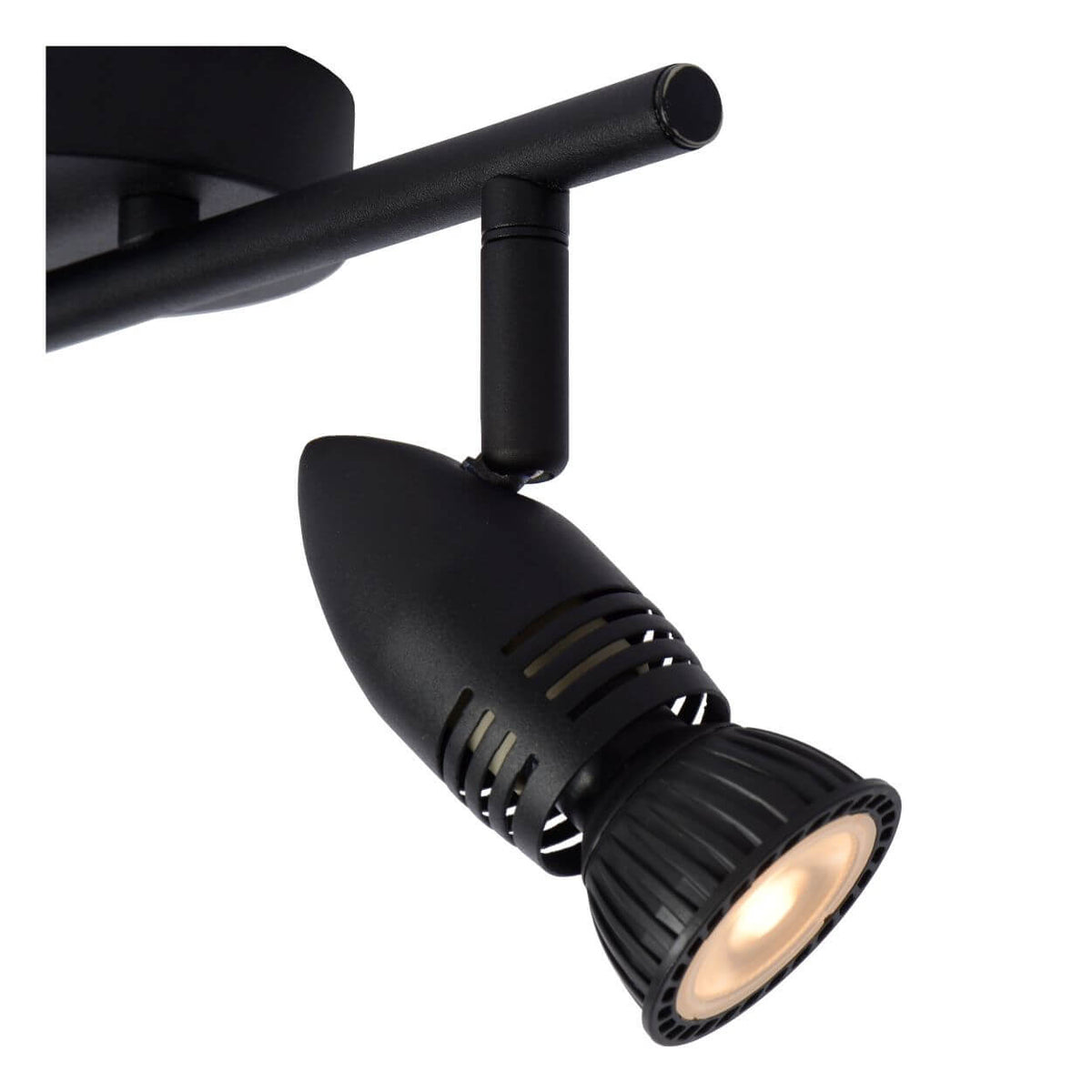 Détail d'un projecteur noir, ailettes de refroidissement et orientation réglable