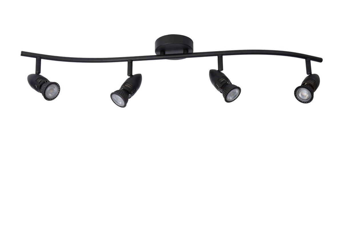 Vue de face du plafonnier noir éteint avec quatre projecteurs orientables sur fond blanc
