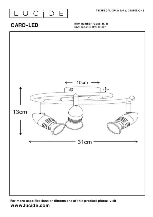 Schéma technique coté indiquant 31 cm de diamètre, 13 cm de hauteur et fixation