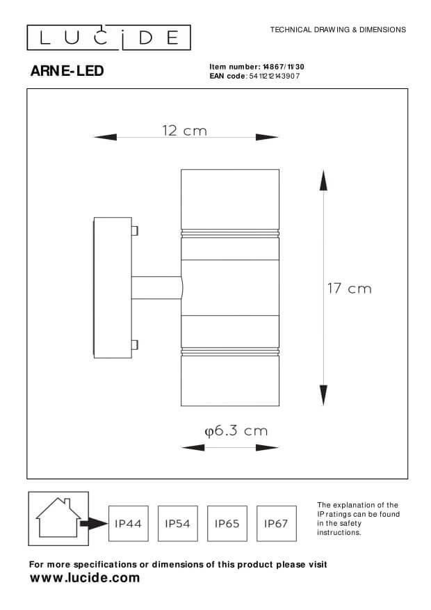 Schéma technique coté : hauteur 17 cm, profondeur 12 cm et indice IP44