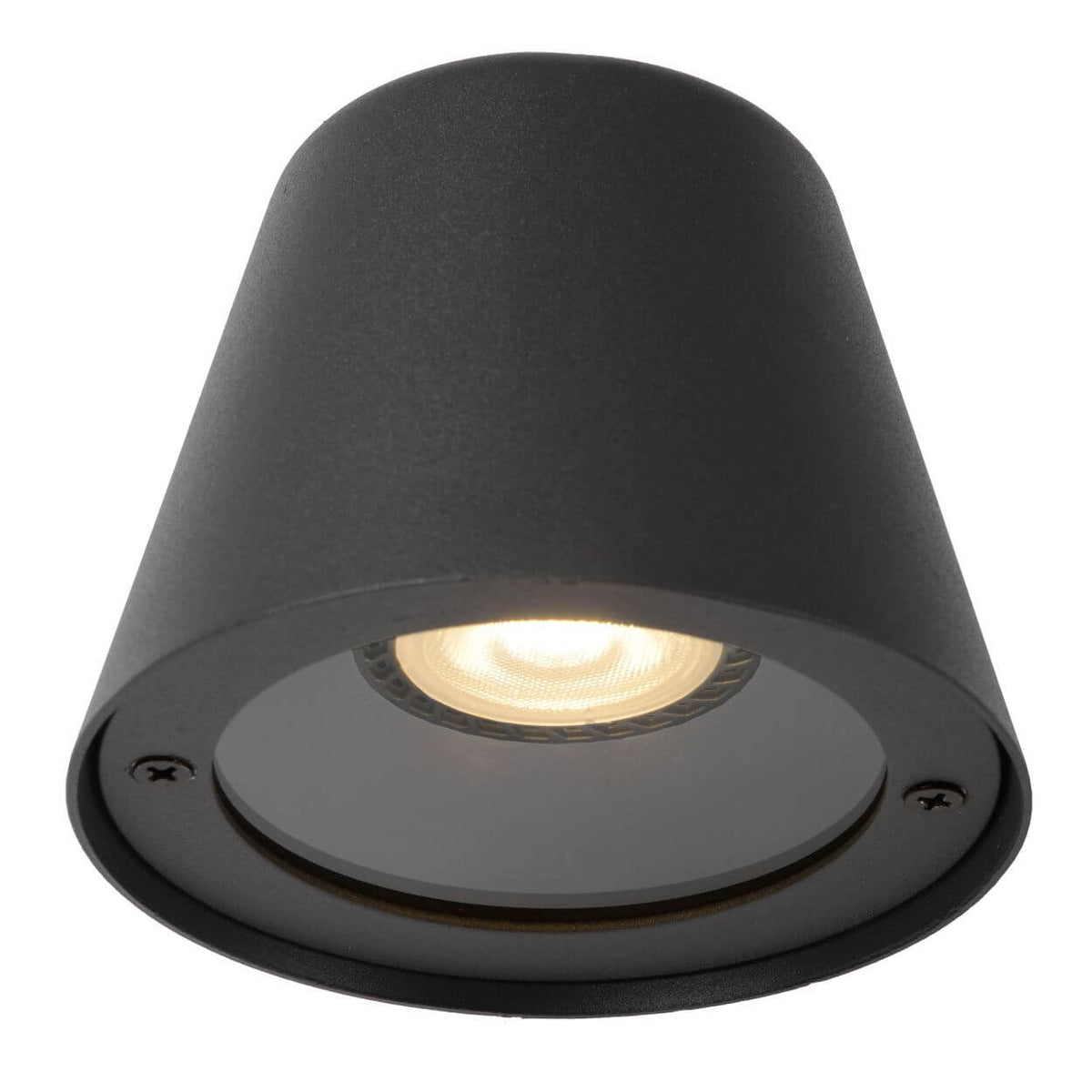 Produit de face sur fond blanc, cône anthracite avec verre et LED