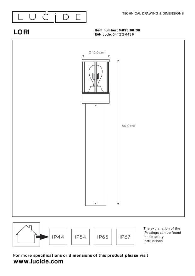 Schéma technique coté : diamètre 12 cm et hauteur totale 60 cm.