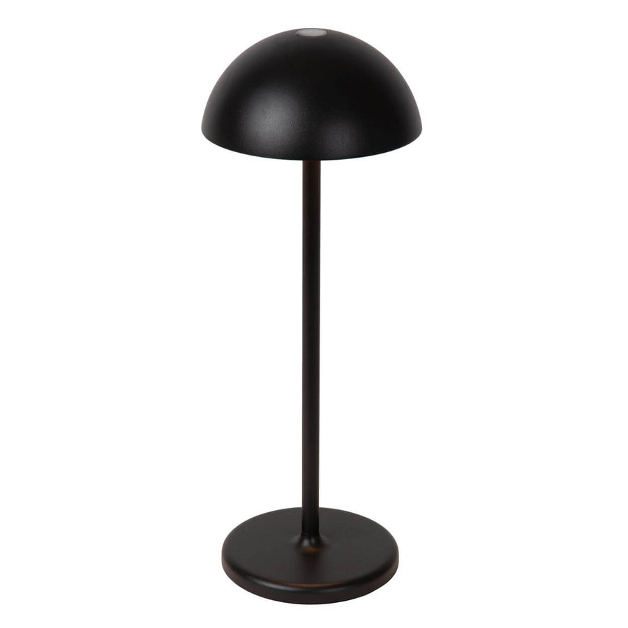 Vue en légère plongée du luminaire noir, socle circulaire et tige centrale visibles.