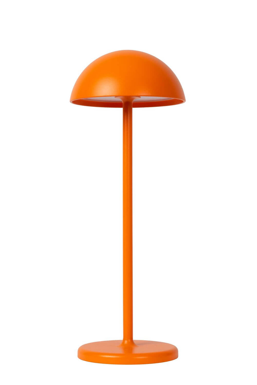 Vue en légère plongée montrant le socle rond et l'abat-jour orange