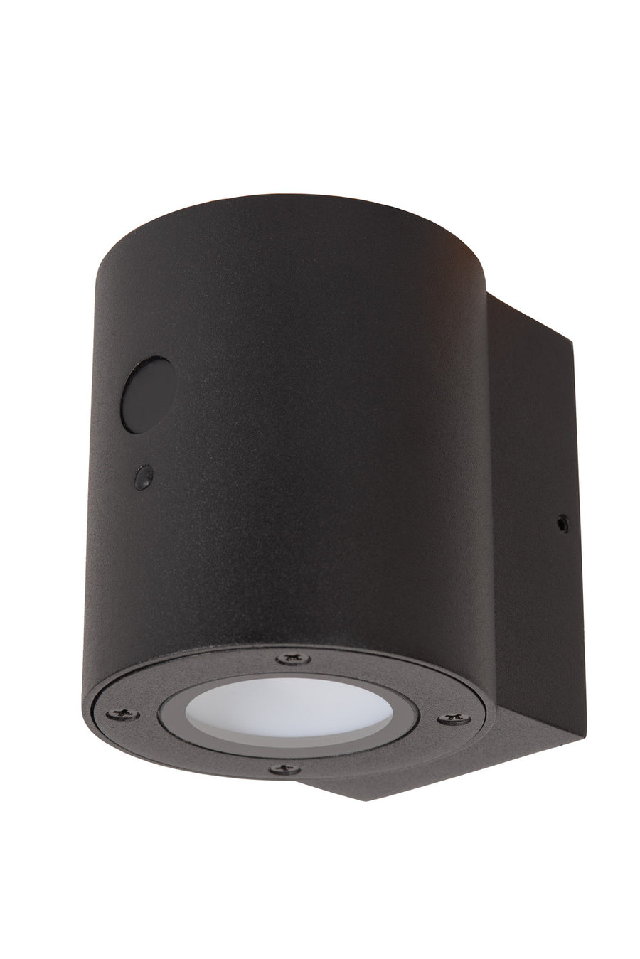 Luminaire mural extérieur noir cylindrique avec verre de protection blanc non allumé.
