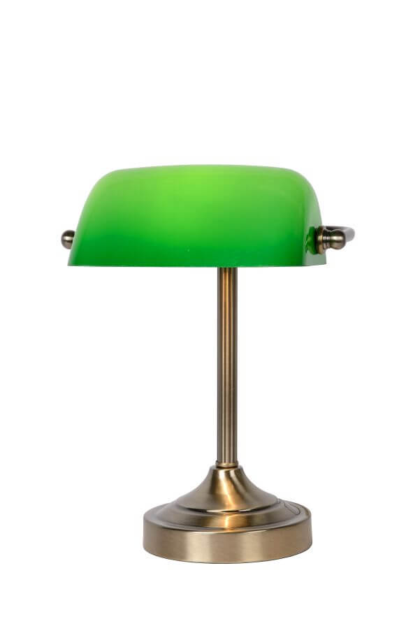 Lampe isolée sur fond blanc, abat-jour vert et base en métal doré, vue de face.