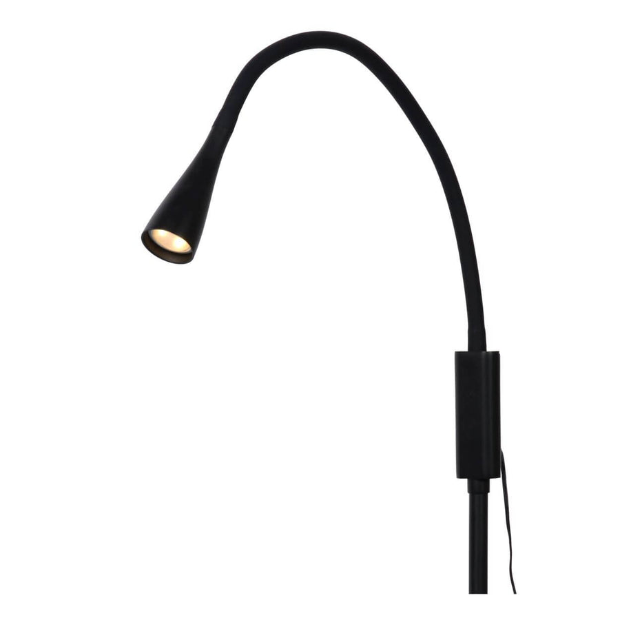 Détail rapproché de la tête conique allumée et du bras flexible noir