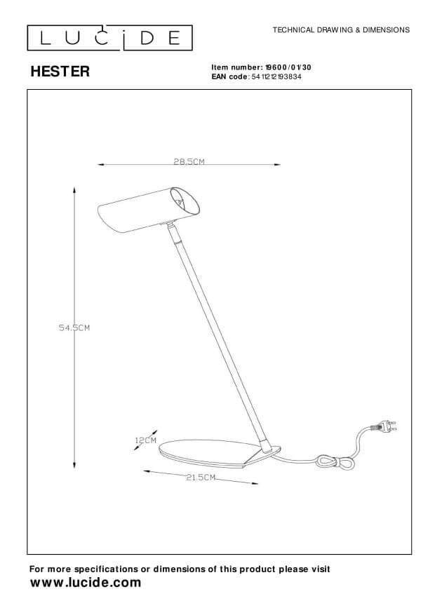 Schéma technique coté de la lampe Hester, dimensions et vue de profil