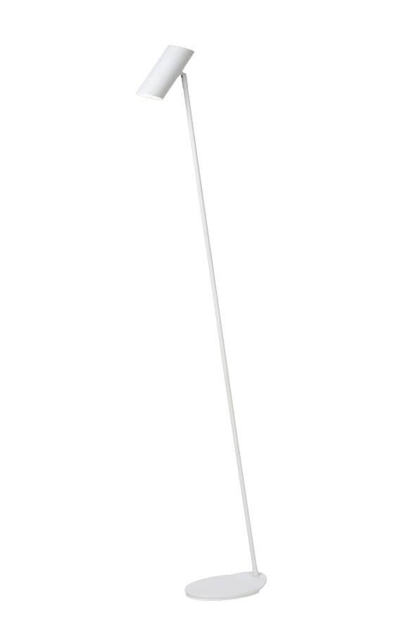 Lampadaire blanc de profil sur fond blanc, tige fine et tête cylindrique