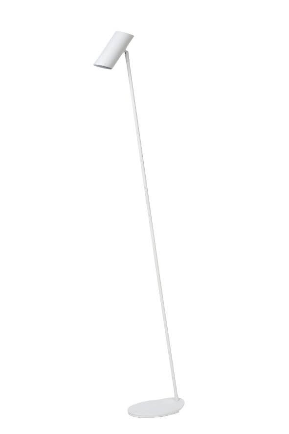 Lampadaire blanc isolé, montrant sa base ovale et sa longue tige inclinée