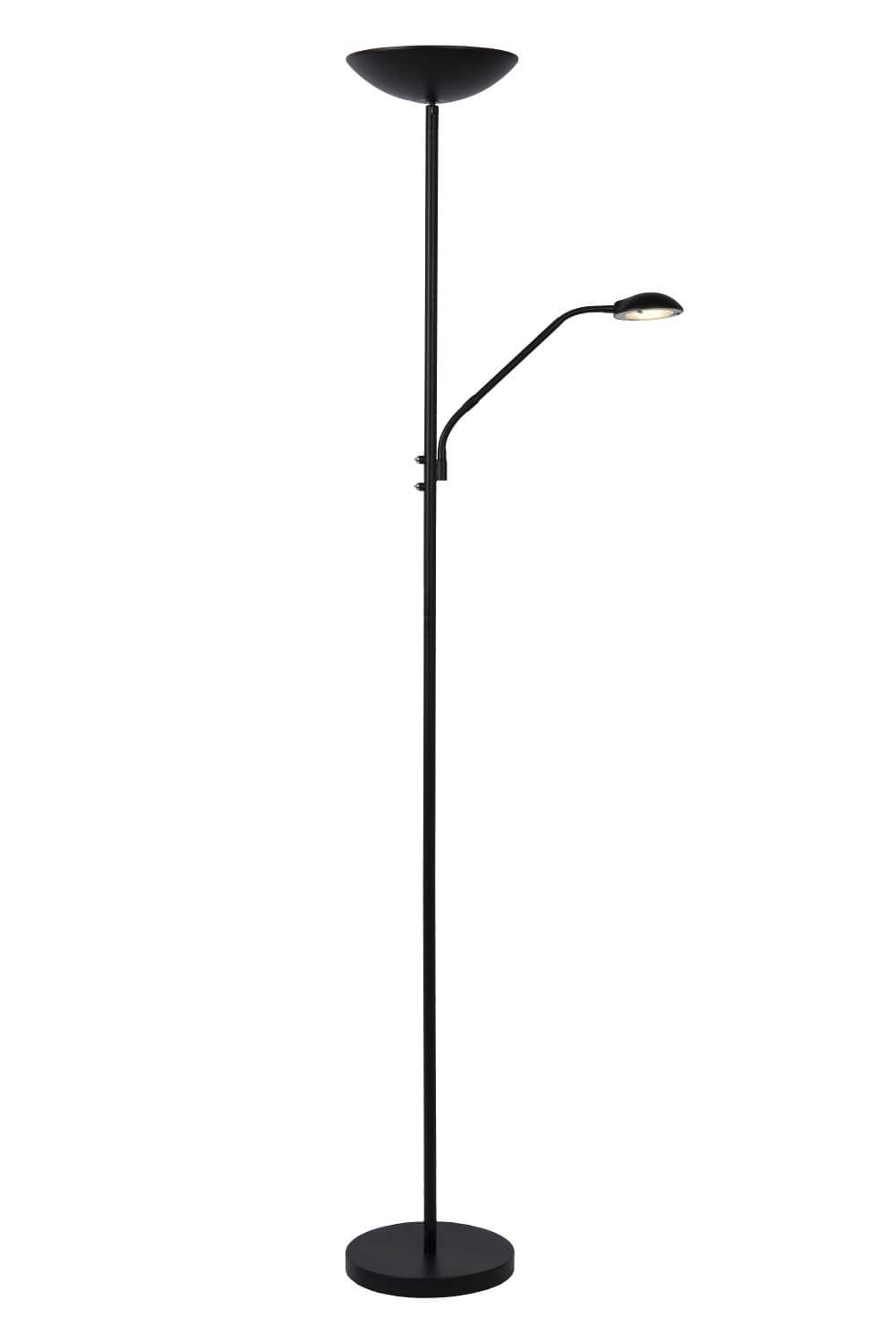 Lampadaire noir entier de face sur fond blanc, avec bras de lecture