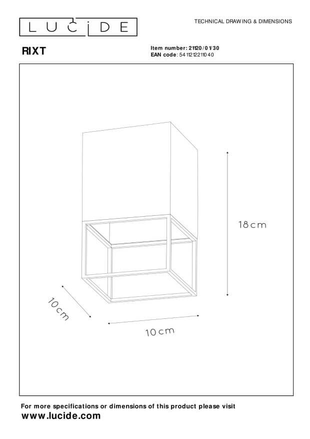 Schéma technique coté du plafonnier Rixt avec dimensions 10 cm et 18 cm
