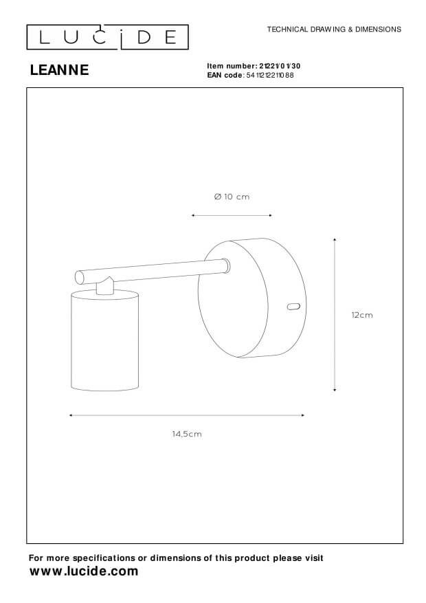 Schéma technique avec dimensions du luminaire sur fond blanc.