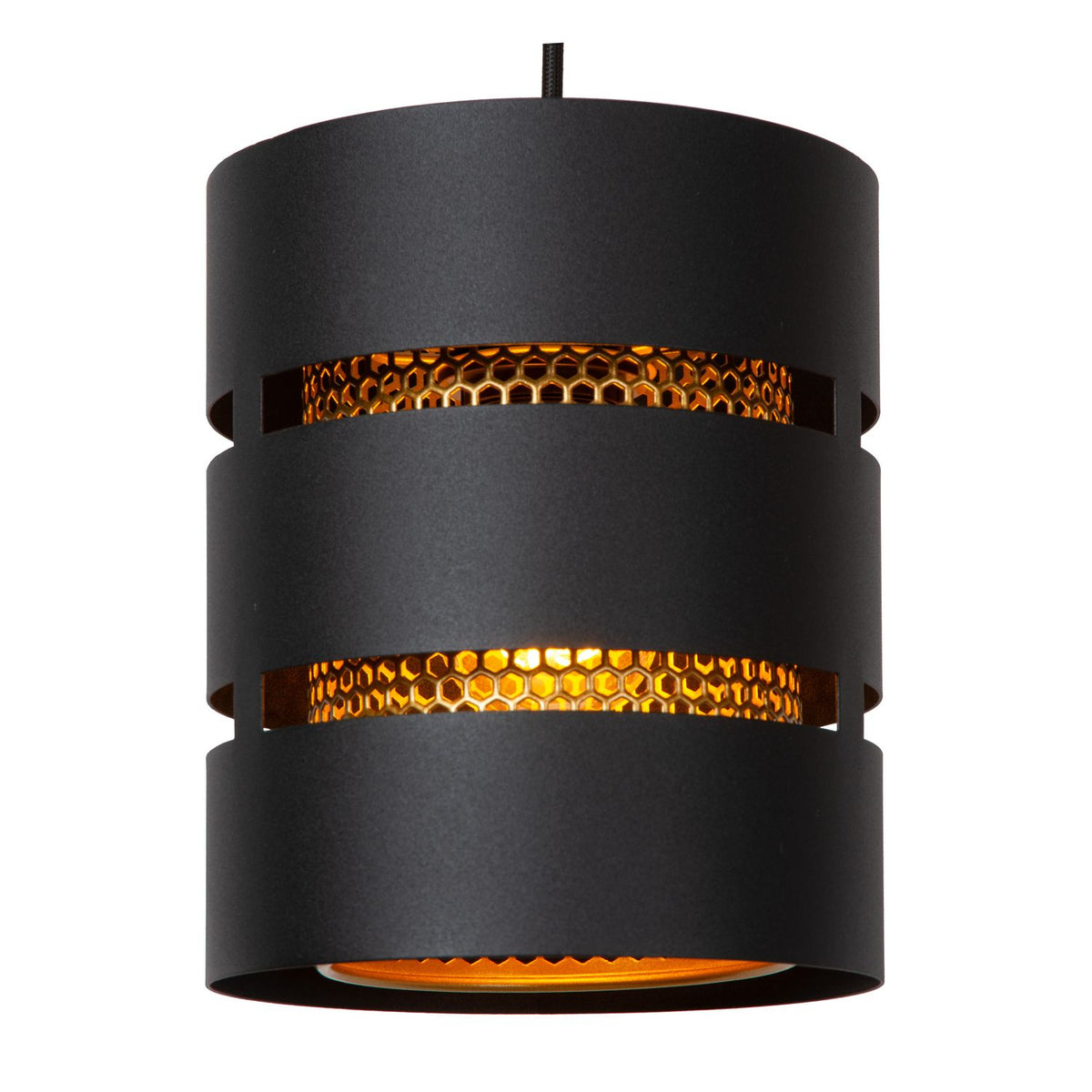 Détail d'un abat-jour cylindrique noir avec bandes dorées perforées et nid d'abeille.