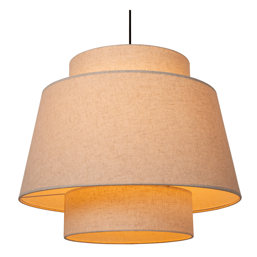 Gros plan sur les trois niveaux de l'abat-jour en tissu beige.