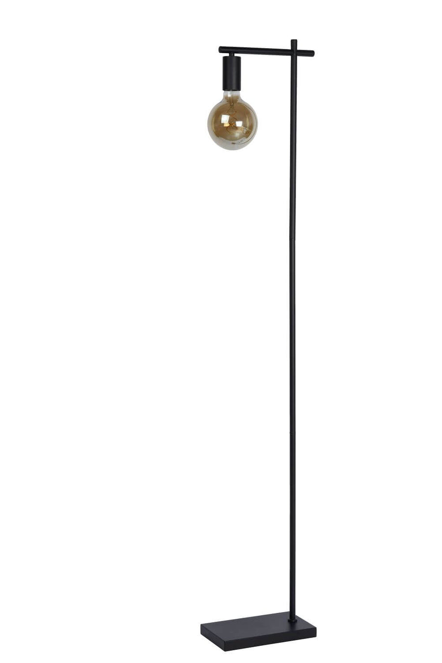 Autre angle du lampadaire noir seul, montrant le bras horizontal et l'ampoule.