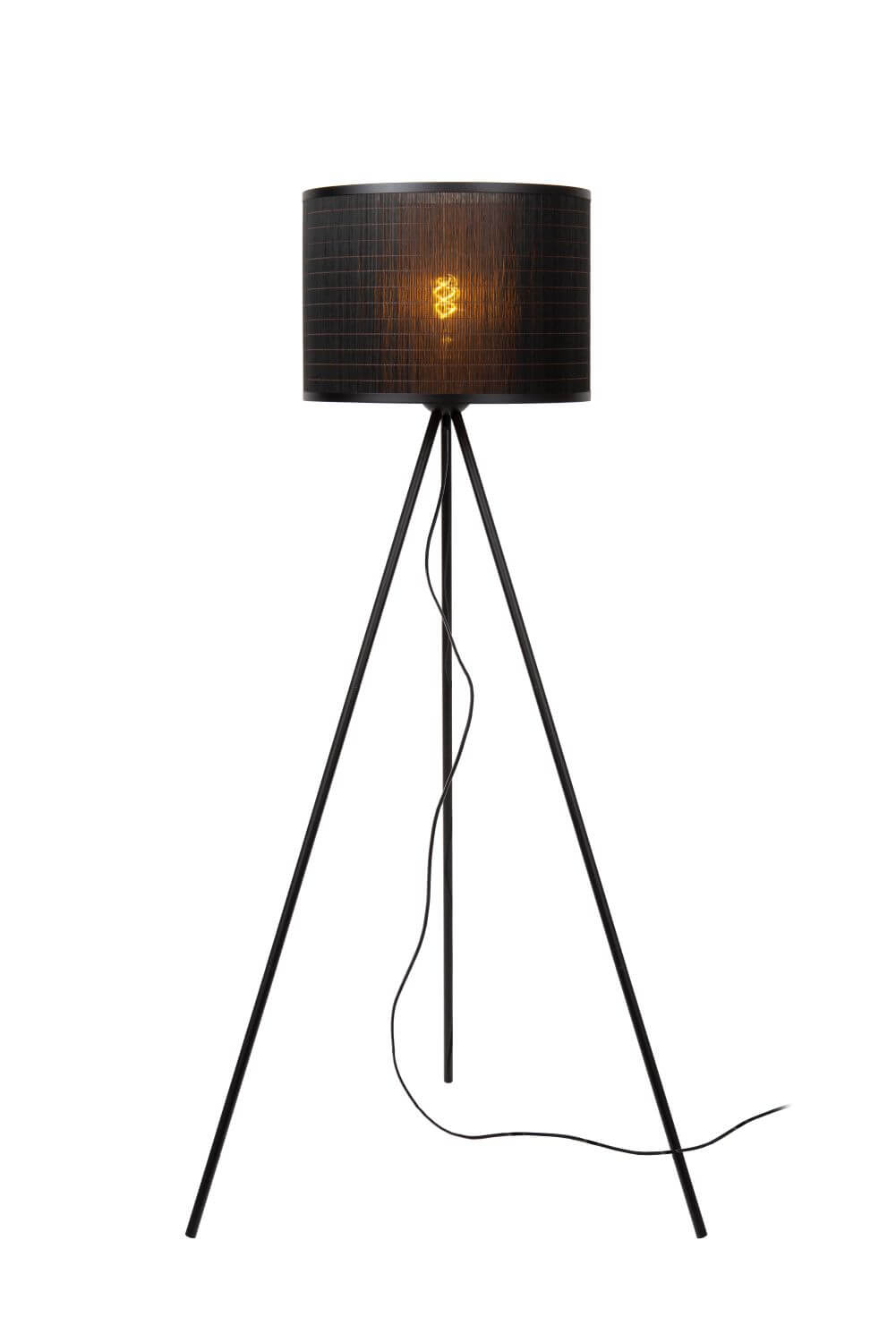 Lampadaire Tagalog noir et bois clair, rotin