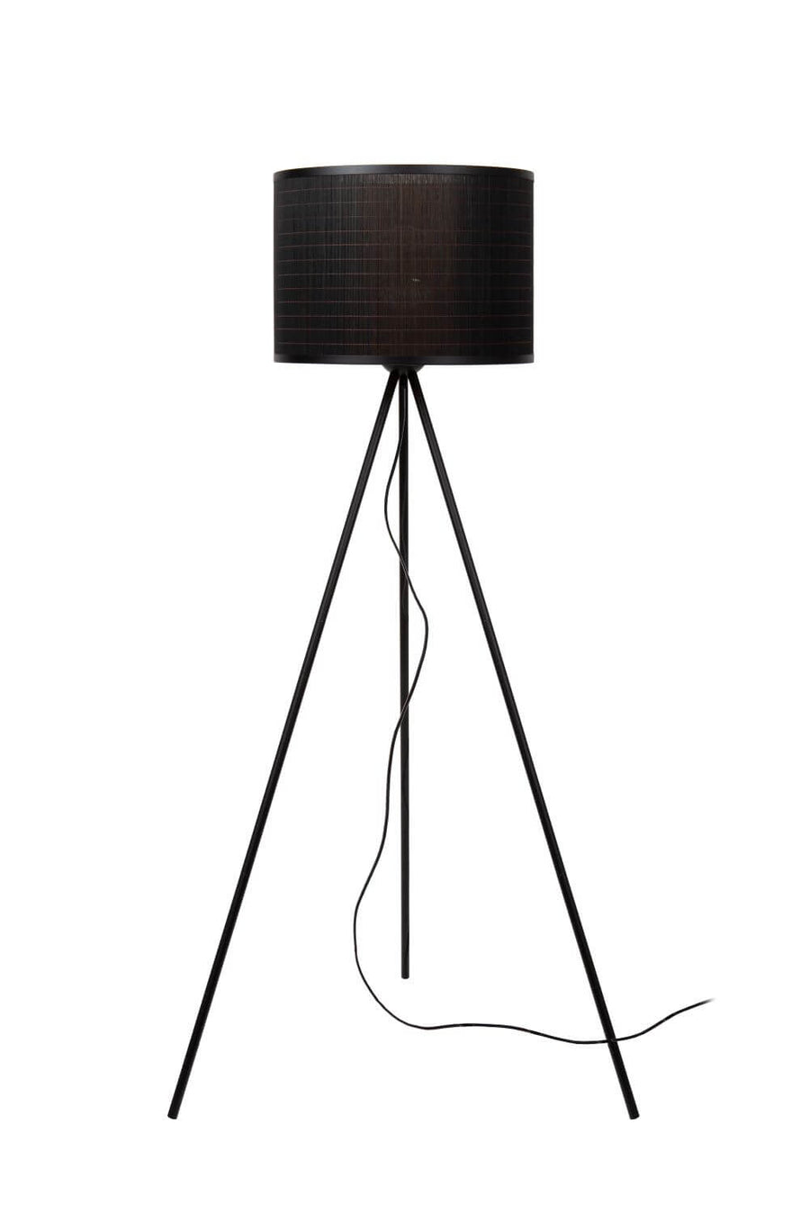 Lampadaire éteint de face, montrant l'abat-jour cylindrique foncé et les trois pieds noirs.