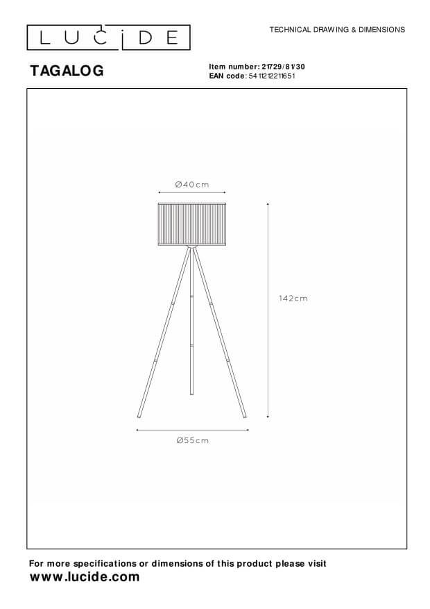 Schéma technique coté du lampadaire : hauteur 142 cm, abat-jour 40 cm et base 55 cm.