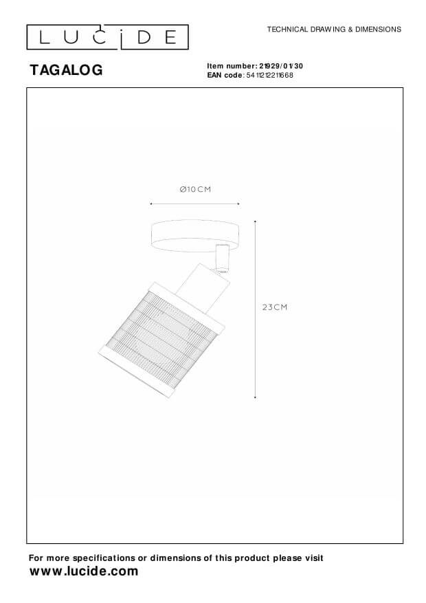 Schéma technique annoté du luminaire avec dimensions 23 cm et 10 cm