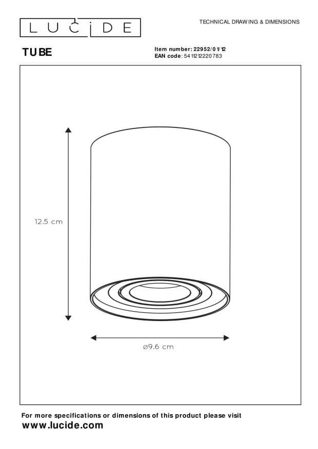 Schéma technique coté indiquant une hauteur de 12,5 cm et un diamètre de 9,6 cm