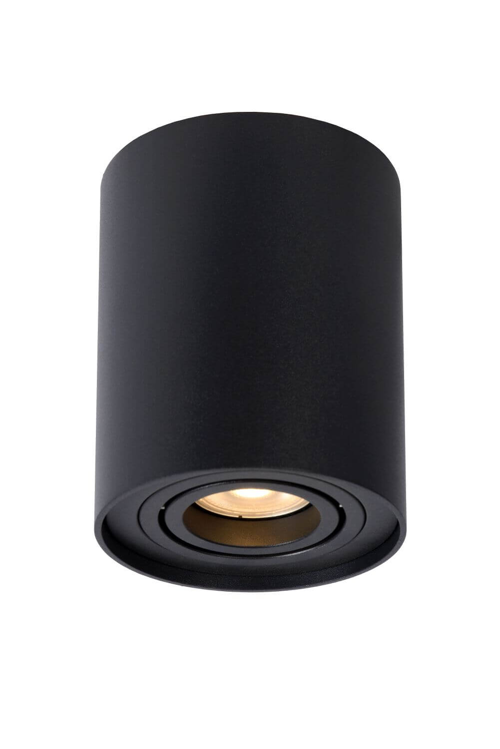Produit seul de face sur fond blanc, cylindre noir mat et source lumineuse