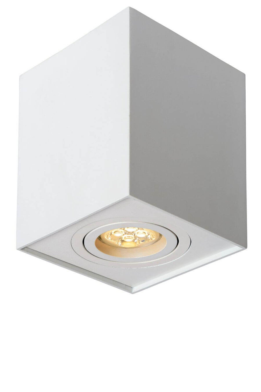 Produit de face sur fond blanc : plafonnier cubique blanc avec source LED orientable.