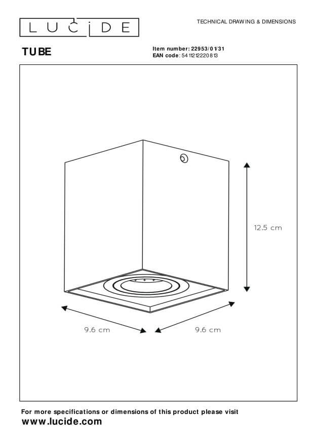 Schéma technique coté du plafonnier : 9,6 cm de côté et 12,5 cm de hauteur.