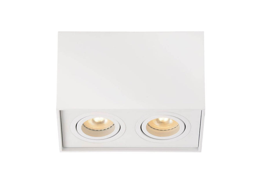 Vue de face du luminaire blanc à deux spots ronds orientables intégrés