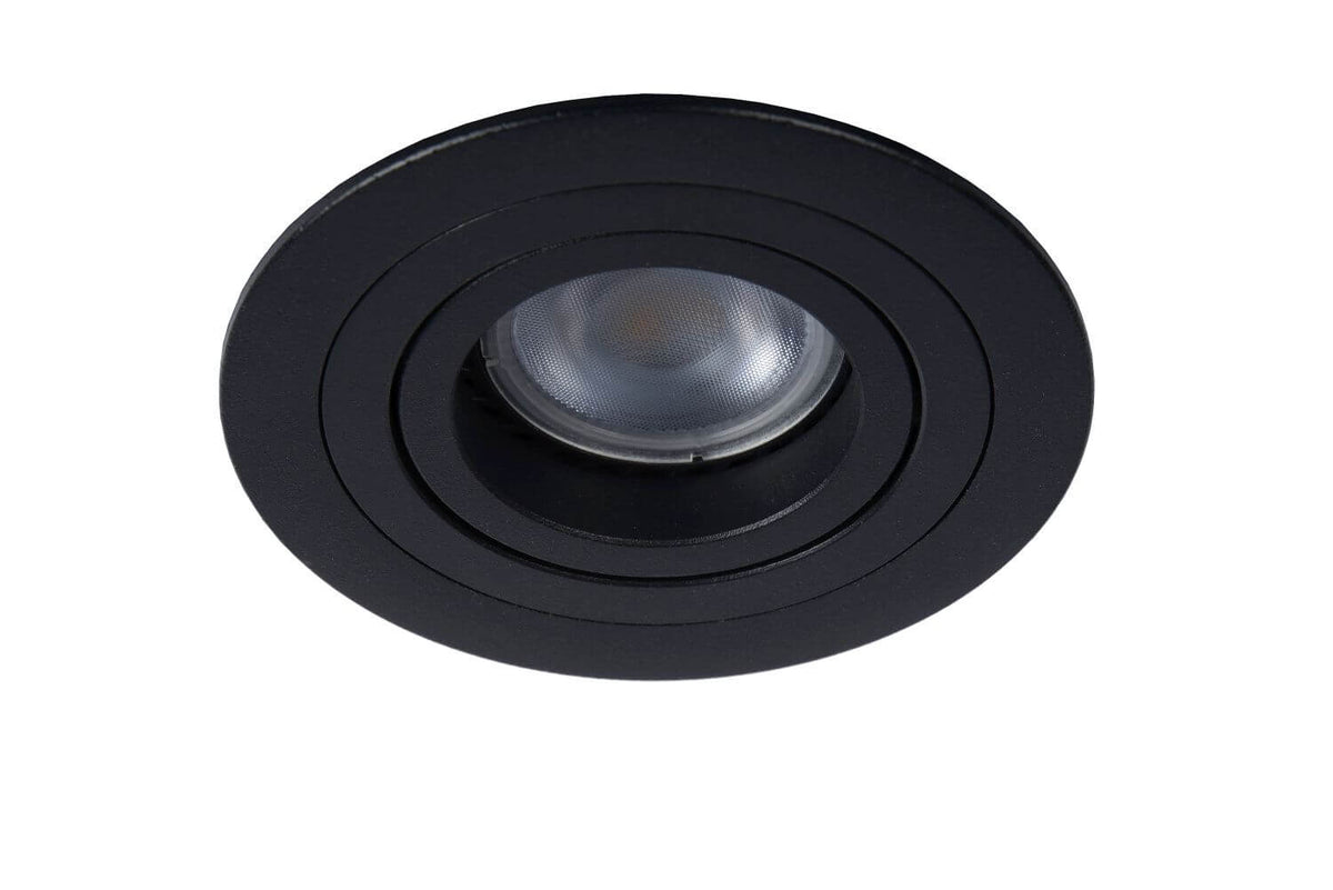 Spot encastré noir éteint vu de trois-quarts, lentille LED transparente visible