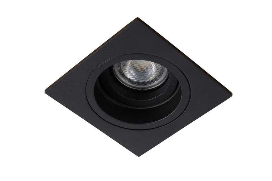 Spot encastrable carré noir éteint, montrant la bague intérieure et la source LED.