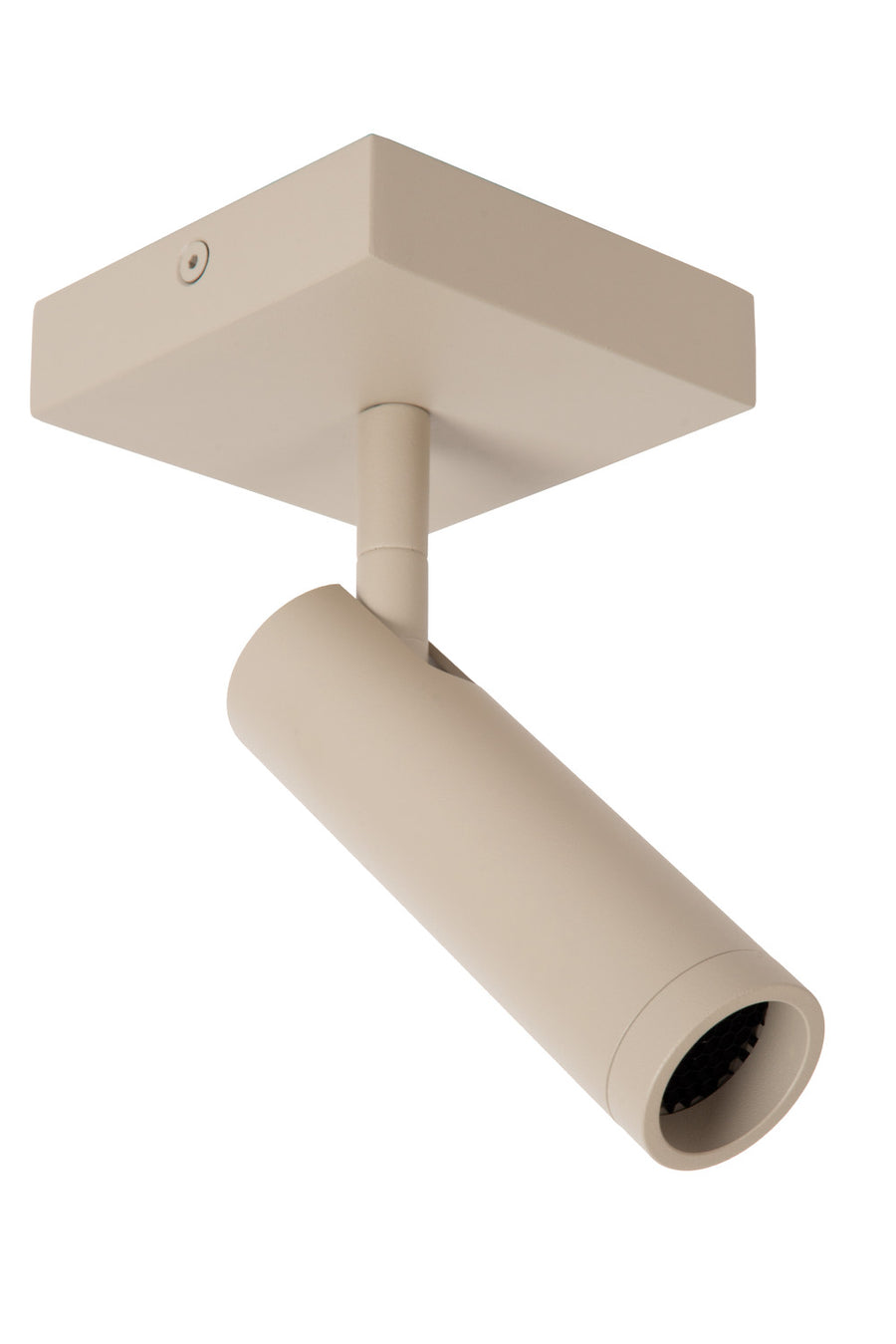 Spot taupe éteint, vue rapprochée sur le cylindre orientable et l'embout ouvert.