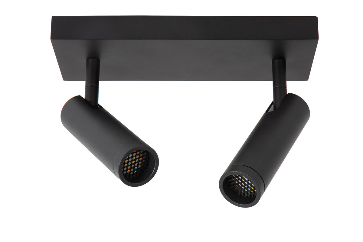 Vue frontale éteinte, lentilles LED visibles et base rectangulaire noire fixée au plafond