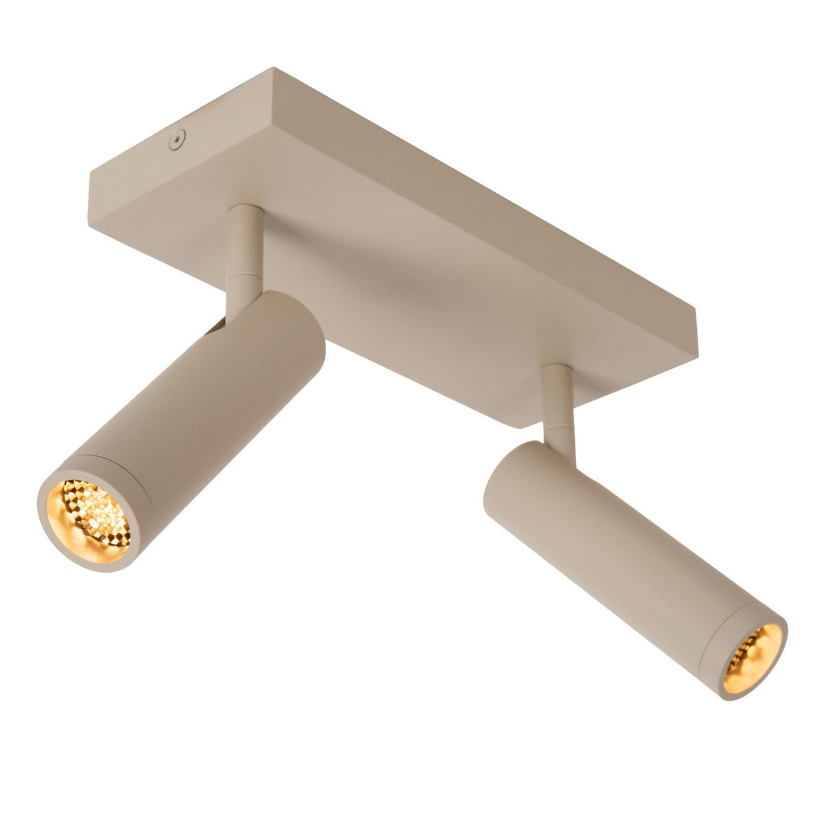 Vue plongeante du spot double taupe allumé, orientable et fixé au plafond.